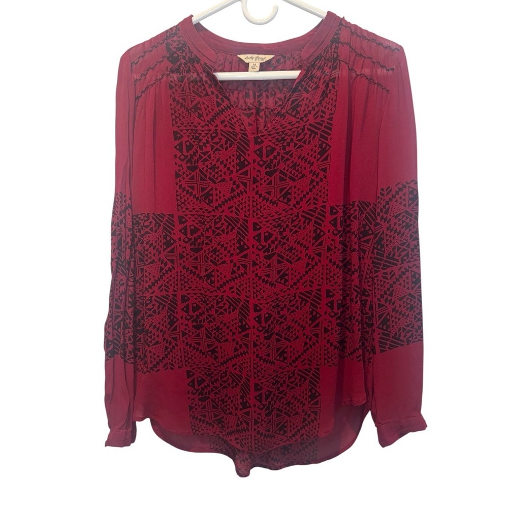 Lucky Brand Red Black Geometric Tribal Print Sheer Peasant Blouse Top Medium
